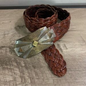 VINTAGE Women's BROWN Woven LEATHER Bohemian ARTISAN Art Deco CHICOS Buckle BELT